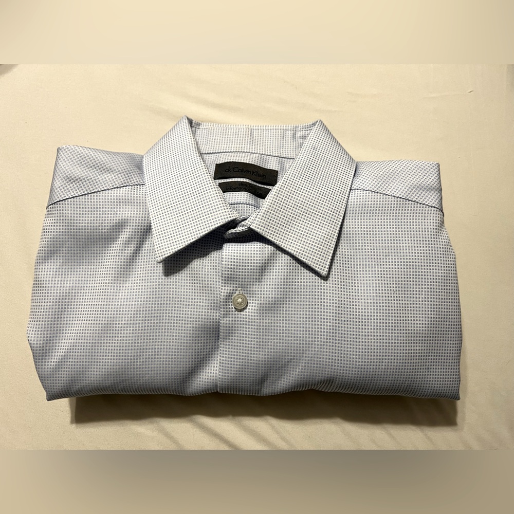 Calvin Klein Men's Light Blue Checkered Dress Shirt